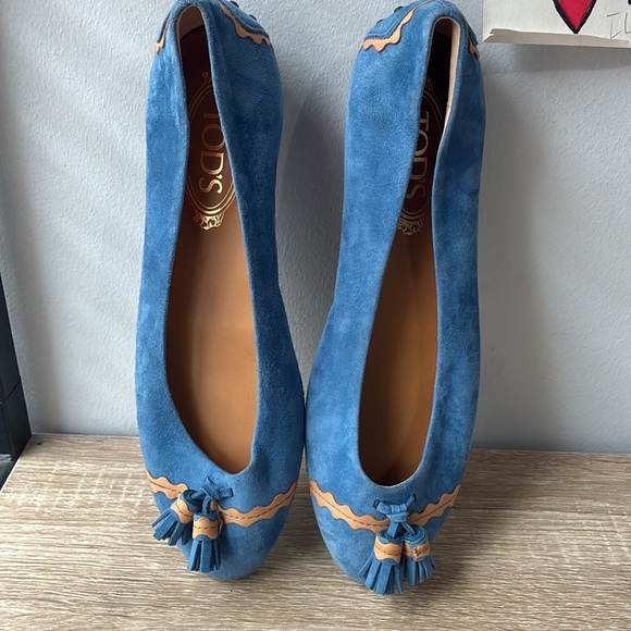 Tod's Blue/tan Leather Tassel Ballet Flats Size 38.5 - Picture 7 of 10